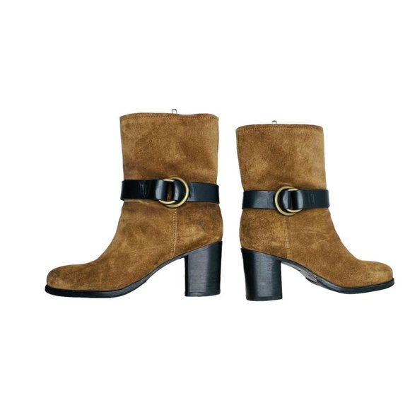 Frye Addie Harness Mid Chestnut Italian Leather Womens Boots Brass Hardware 7B - Picture 9 of 12